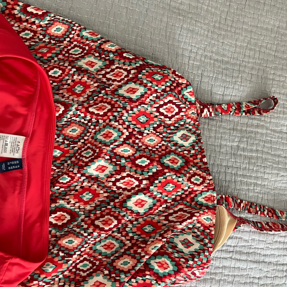 Denim&Co Red and Teal Patterned Swimsuit